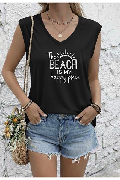 FUFLUNS PLAJA ESTE LOCUL MEU FERICIT TRICOU FĂRĂ MÂNECI OVERSIZE PENTRU FEMEI...