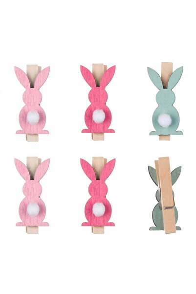 OEM Easter Wooden Pliers Set with Pom Pom Bunnies Pattern 5cm - 6pcs