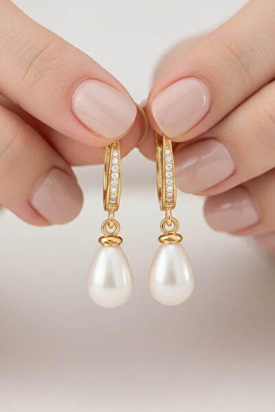 bymissmücevherat 925 Ayar Gümüş Sallantılı Damla Mayorka İnci Taşlı Kadın Küp...