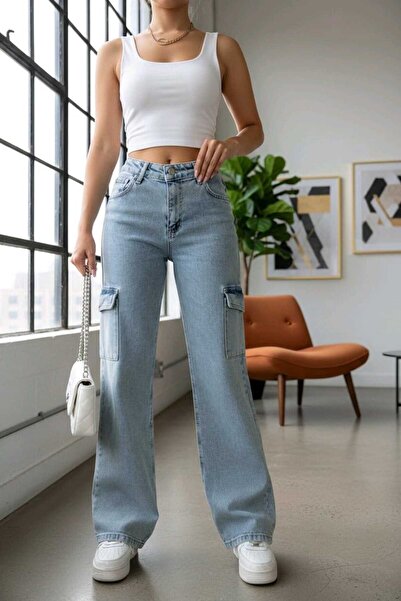 Trn JNS Clara material elastic Blugi de damă Dark Cargo Wash Super talie înal...
