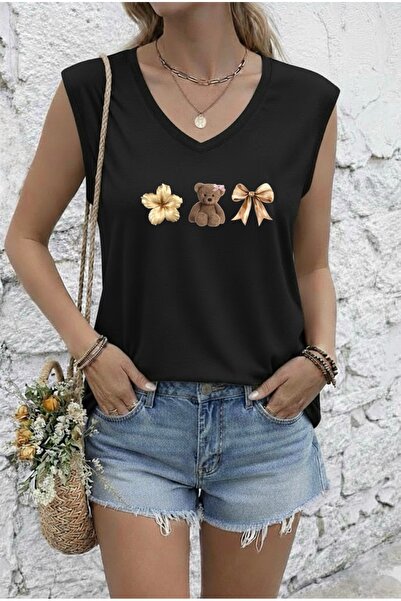 FUFLUNS Bear Flower Ribbon Printed Women's Oversize Sleeveless T-Shirt
