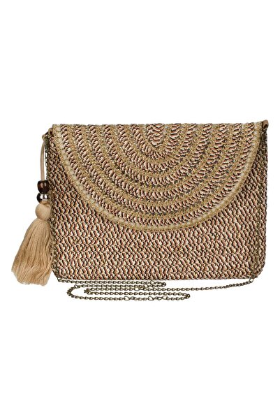 OEM Ψάθινη Τσάντα χιαστί με χρυσή αλυσίδα με φούντες για γυναίκες 30x22.5cm