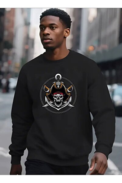 Oceanwear Sailor Skull Printed Crew Neck Men's Plain Black Sweatshirt
