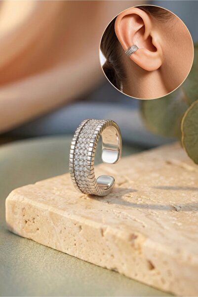 Sentivo 925 Silver Ear Cuff Earring – Wide Model with Zirconia, No Holes, Rho...