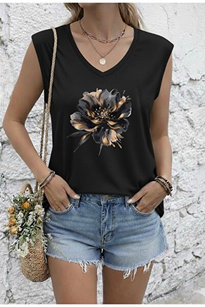 FUFLUNS TRICOU FĂRĂ MÂNECI OVERSIZE PENTRU FEMEI CU IMPRIMEU FLORI NEGRE