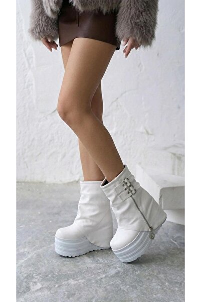 Modanizm Arsyn White Heeled Leather Boots