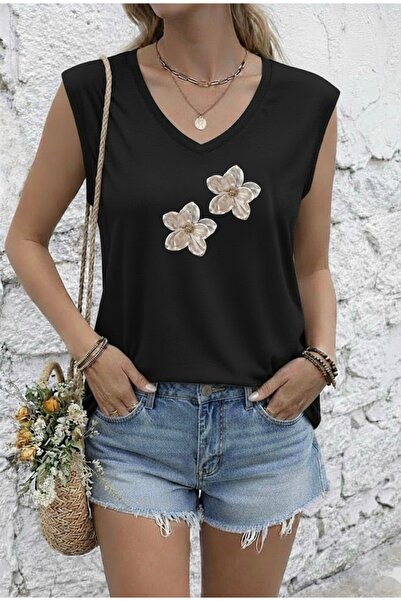 FUFLUNS تي شيرت نسائي بدون أكمام مطبوع عليه زهور