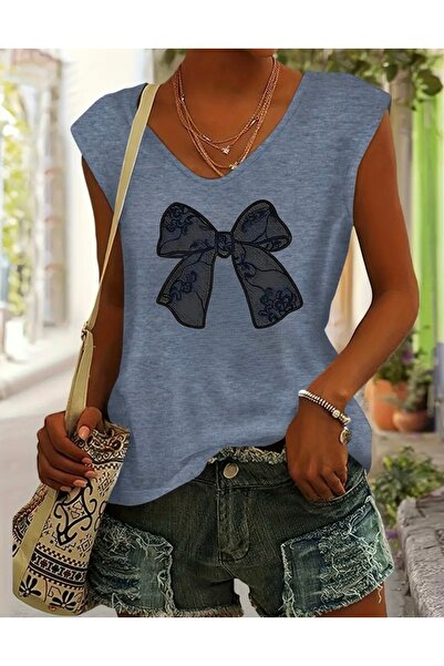 FUFLUNS Ribbon Printed Women's Oversize Sleeveless T-Shirt