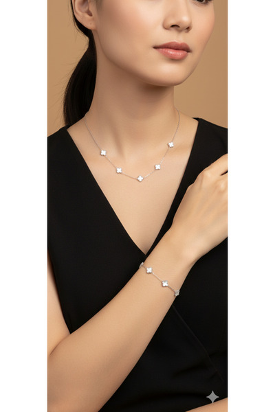 Shae Jewelry 5'li Beyaz Renk Yonca Model Kolye ve Bileklik Paslanmaz Çelik Or...