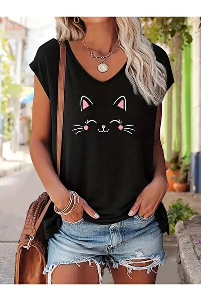 FUFLUNS تي شيرت نسائي بدون أكمام مطبوع عليه قطة لطيفة