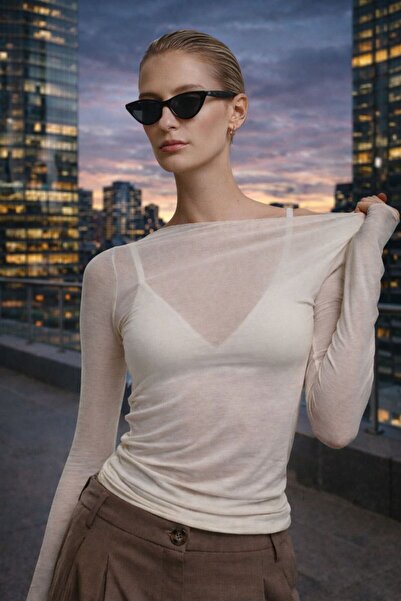MADAMMERY Boat Neck Modal Cashmere Ultra Light Transparent Women's Blouse
