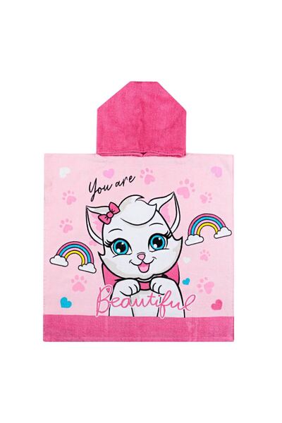 OEM Prosop Plaja Poncho din Bumbac cu Gluga Roz Pisica pentru Copii 60x120cm