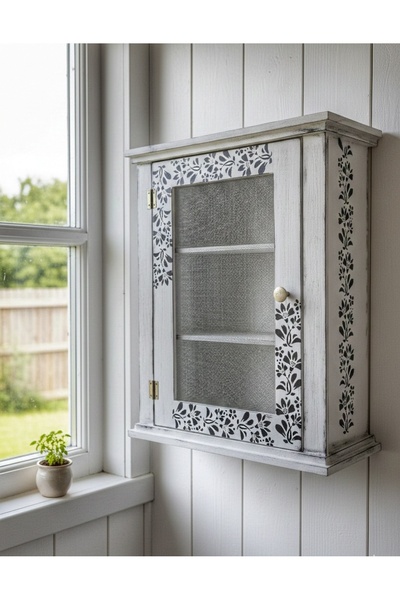 buraxe Beyaz eskitme tarz telli terek,45×55×19 cm,nostaljik ahşap telli dolap...