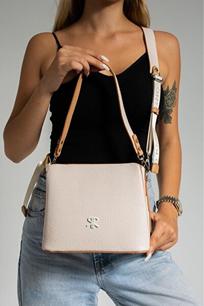 Çanta Trend Polo of Colors Cream Tan Embossed Print Women's Shoulder and Cros...