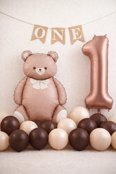 Öztürkpartievi Kahve & Bej Ayıcık 1 Yaş Doğum Günü Balon Konsepti