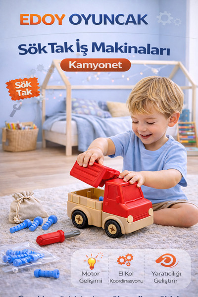 edoy Sök Tak Eğitici Kamyonet Araç Seti | Yap-Boz İş Makineleri | Yaratıcı Montessori Oyuncağı