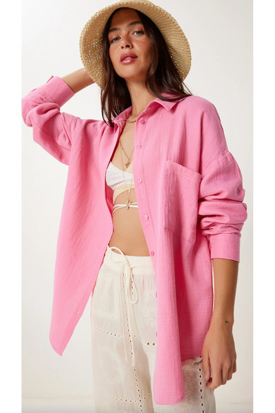 S&A DESIGN Women's Oversized Basic Muslin Fabric Pocket Shirt