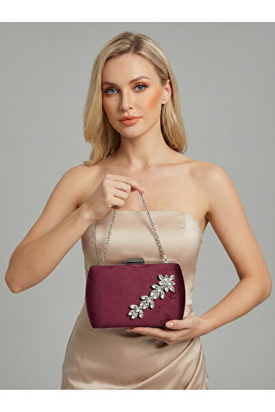 Wedding Fashion Burgundy Luxury Suede Crystal Stone Metal Handle Chain Women'...