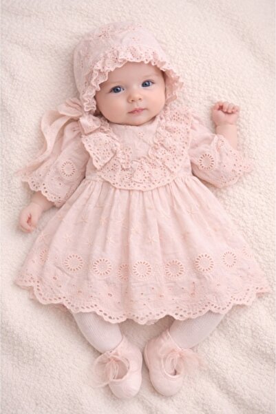 Pure Boutique Комплект за кръщене за момиче, розов, елегантна бродирана рокля...