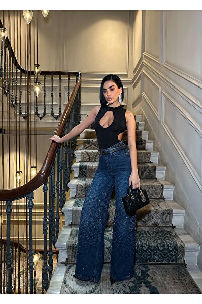 ParlaMira Blugi cu picior larg Stoned talie înaltă pentru femei