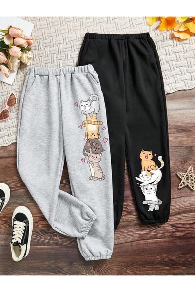 Kids Gri, Siyah 4'lü, 3'lü Kedi Baskılı Kız/Erkek Çocuk İkili Eşofman Seti