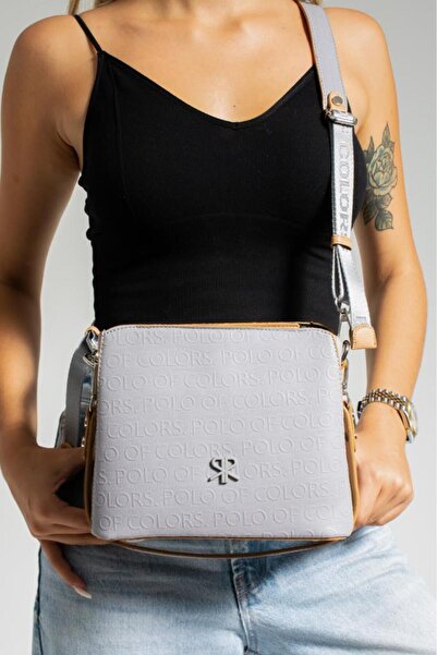 Çanta Trend Polo of Colors Gray Tan Embossed Print Women's Shoulder and Cross...