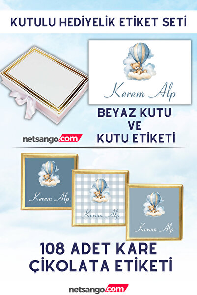 Netsan Etiket Cloud Teddy Bear Blue Gift Label Set - White Box, 108 Chocolate...