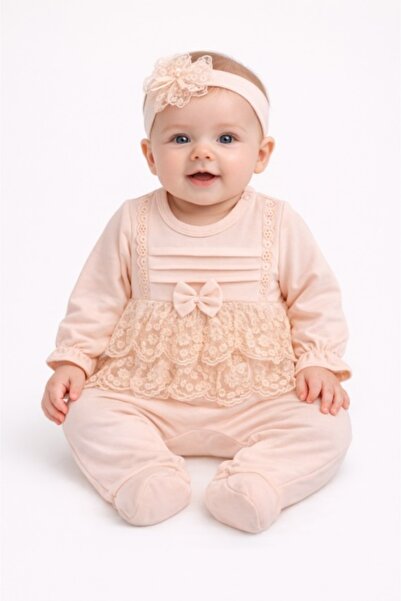 Pure Boutique Salopeta fetita roz eleganta bumbac cu dantela si bentita set p...