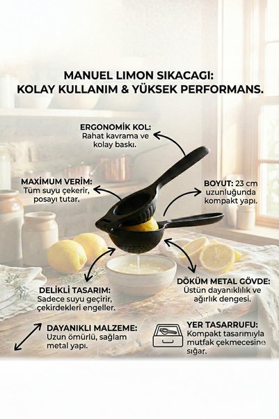 Cuply Matte Black Metal Cast Iron Citrus Lemon Squeezer 23 cm Professional Manual Kitchen Hand Press