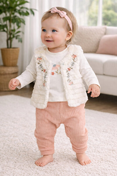 Atlas Baby House Baby Girl Salmon Flower Embroidered Plush Vest Set 3-Piece Set