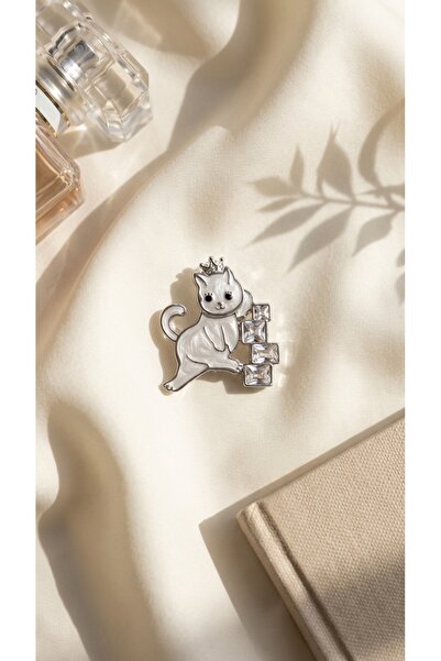 SR Jewelry Box Taçlı Kedi Figürlü Sevimli Kadın Broş – Taş Detaylı Tasarım