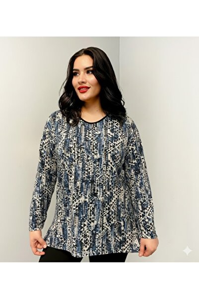 THEBEK Yumoş Velvet Suede Patterned Oversized Blouse Blue Pattern