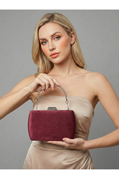 Biçanta Бургунди луксозна велурена чанта с кристали и метална дръжка за жени,...