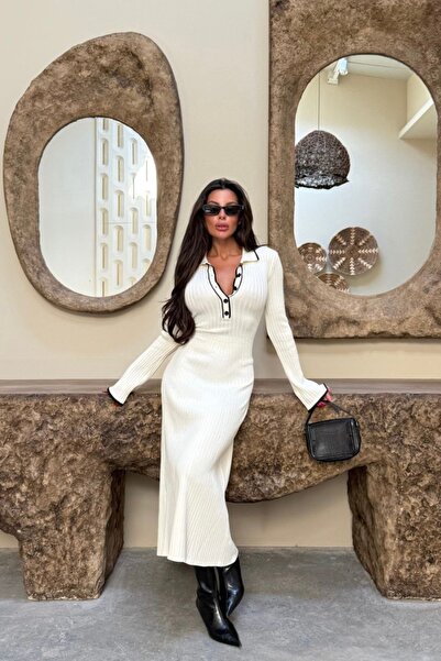 Auroveen Fit Cut Polo Collar Half Placket Button Detailed Knitwear Dress Av3817