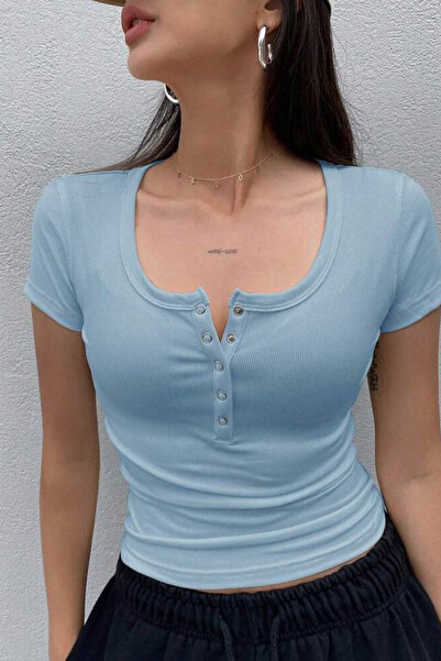 İlayda Toprak Button Bebe Mavi Yaka Düğmeli Fitilli Kısa Kol Detaylı Bluz
