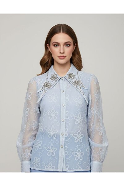 Rabiossa Women's Stone Embellished Pointed Collar Lace Shirt