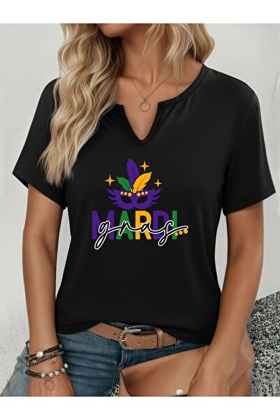 mercoledi Women's Mardi Gras Printed Half V-Neck Sleeves Regular Fit Casual T...