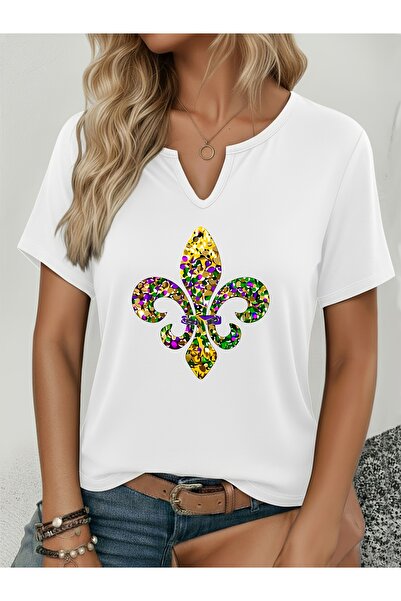 mercoledi Γυναικείο μπλουζάκι Mardi Gras με τύπωμα με μισό μανίκι σε σχήμα V ...