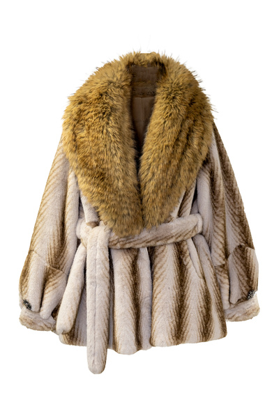 FUREVER FASHION Shawl Collar Synthetic Fur K Belt İ Coat