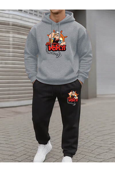 Flow touch Printed Hooded Men's Tracksuit Set with Two Strings Fleece-Lined