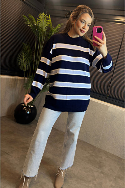 MİR STORE Navy Blue Striped Oversized Sweater with Crew Neck