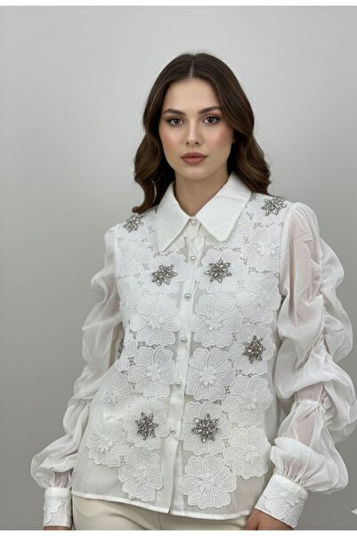 Rabiossa Women's Floral Appliqué Detailed Crystal Embroidered Shirt