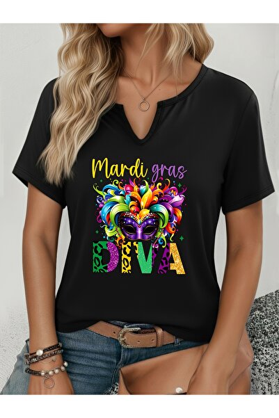 mercoledi Women's Mardi Gras Printed Half V-Neck Sleeves Regular Fit Casual T...