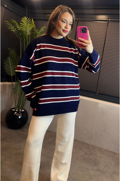 MİR STORE Navy Blue-Claret Red Crew Neck Striped Oversized Sweater