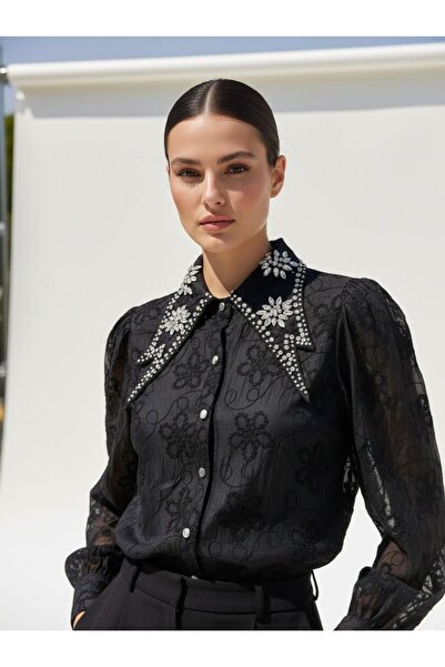 Rabiossa Women's Stone Embellished Pointed Collar Lace Shirt