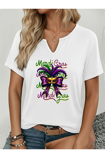 mercoledi Γυναικείο μπλουζάκι Mardi Gras με τύπωμα με μισό μανίκι σε σχήμα V ...