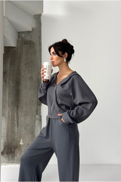 timagna Kadın Alt Üst Takım Kapüşonlu Fermuarlı Crop Eşofman Takımı Yüksek Be...