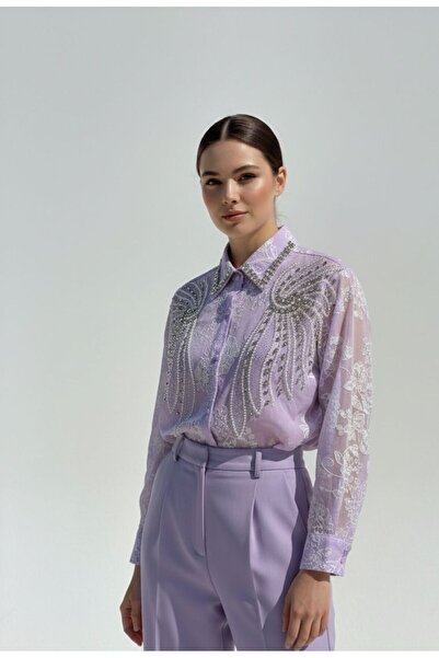 Rabiossa Women's Bead Embroidered Imported Lace Shirt