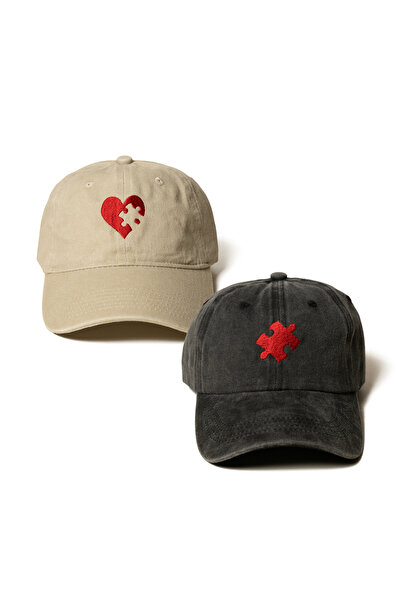 Nome Studio Sevgililer Gününe Özel Puzzle Kalp Nakışlı Şapka Seti 2'li Sevgil...