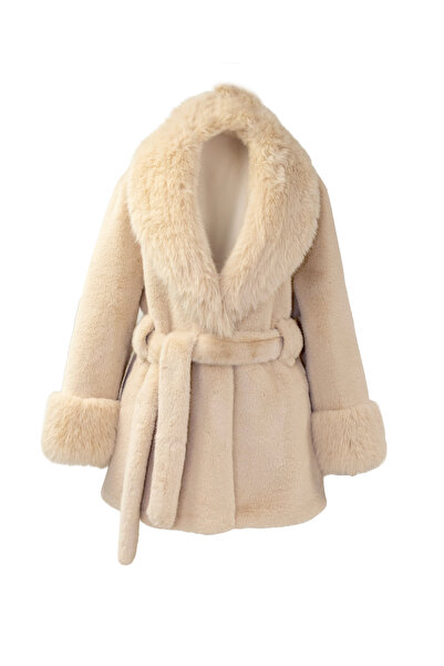 FUREVER FASHION Shawl Collar Mink Fur Coat with Belt